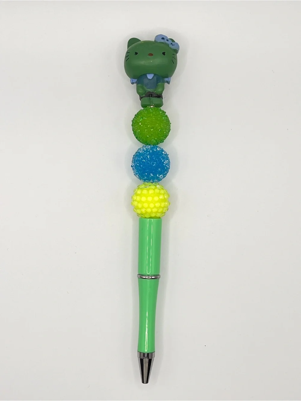 Green Novelty Frankenstein Hello Kitty Themed Pen with Decorative Beads